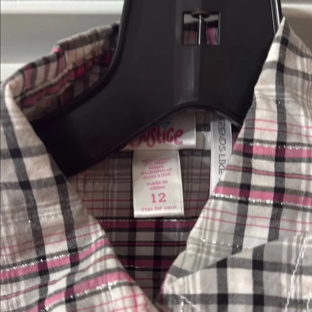 Justice Pink and Black Plaid‎ Shirt Girls Size 12 Button Up